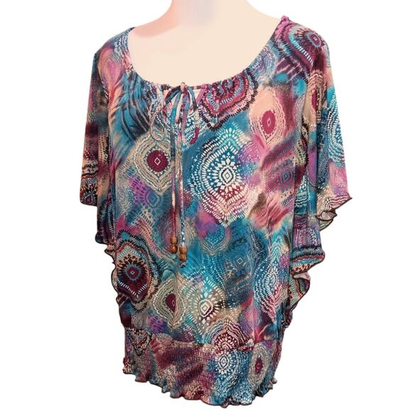 Y2K Stretchy Colorful Blouse Top Flutter Sleeves Blousy Relaxed Petite LG Office - Picture 3 of 11
